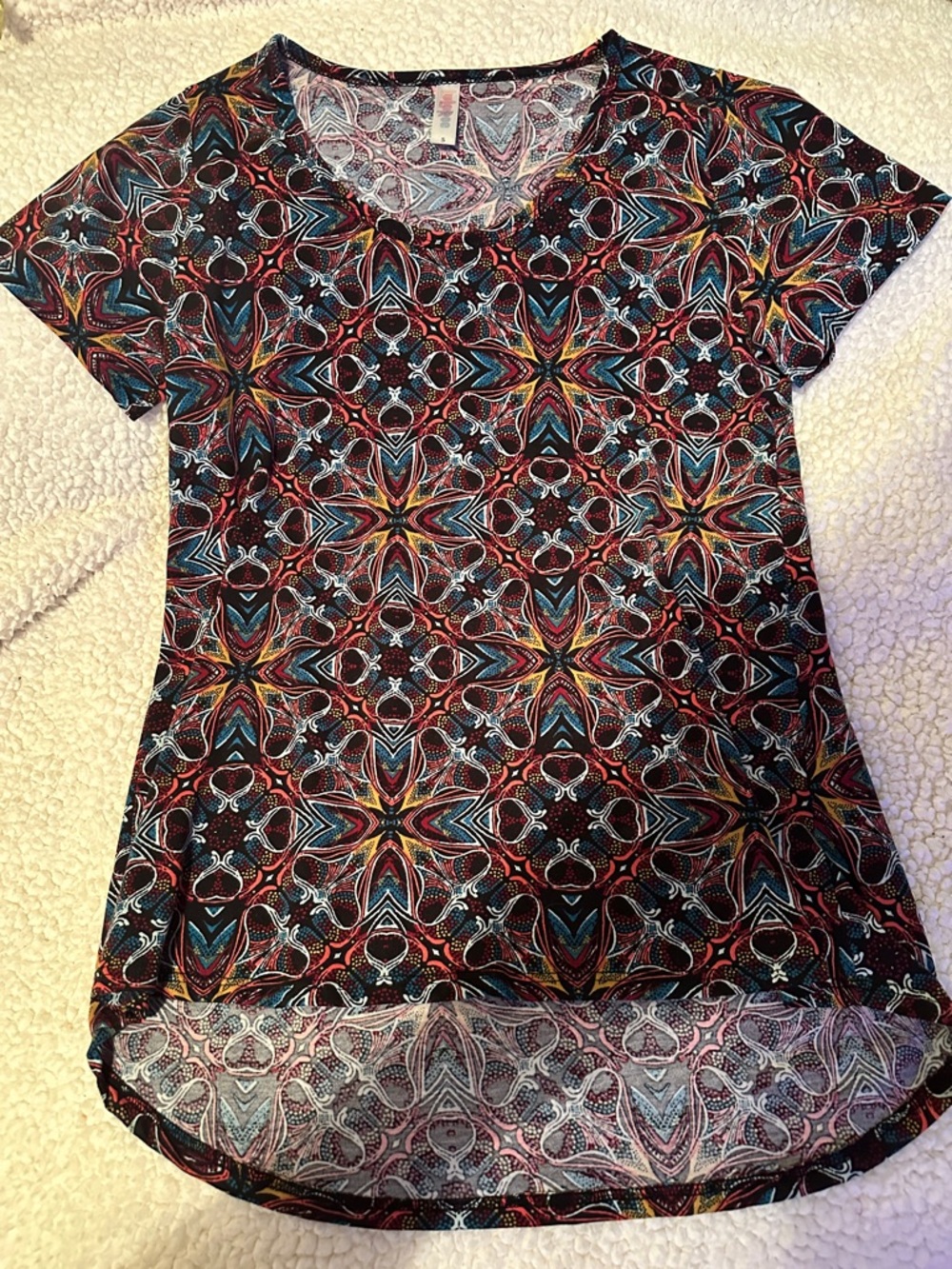 LuLaRoe Short Sleeve Tee in Black with Red, Blue, Yellow and White Accents